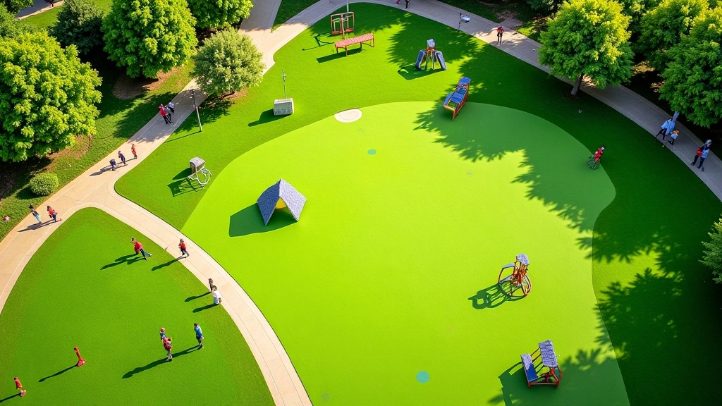 Vue aérienne d'un parc public avec équipements de fitness, pelouse verte et chemins pavés