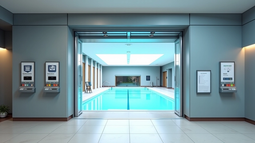 Entrée principale d'une piscine couverte moderne avec signalisation claire, portes automatiques et accueil lumineux
