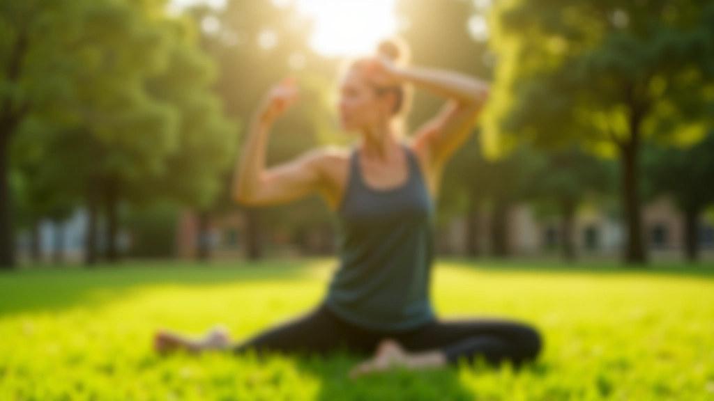 Personne faisant des étirements sur une pelouse de parc avec vue sur les équipements de fitness en arrière-plan