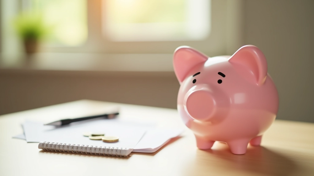 Tirelire rose avec pièces de monnaie à côté d'un carnet de notes sur bureau