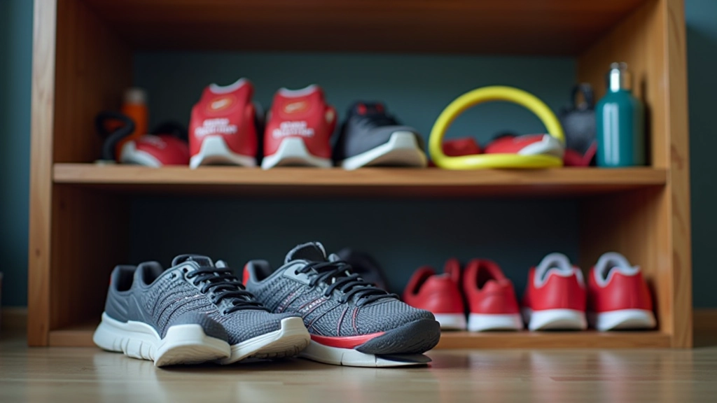 Chaussures de sport, gants de boxe et corde à sauter rangés sur étagère de rangement