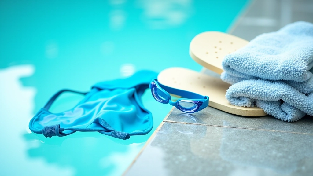 Équipement de piscine : maillot de bain, serviette et lunettes de nage sur carrelage humide