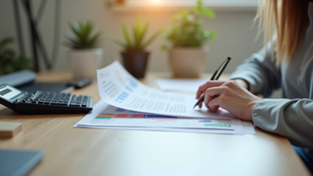 Femme consultant un document budgétaire à son bureau avec calculatrice et stylo